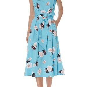 ANNE KLEIN Daisy Sleeveless Tie Waist Midi Dress - Siren Blue Combo XL